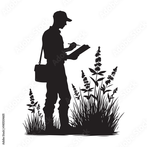 Silhouette man taking notes in nature for environmental conservation