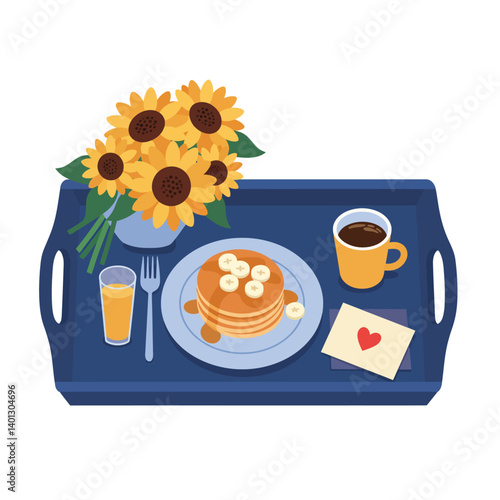 Delicious pancakes with sunflowers and coffee on a blue tray flat vector art
