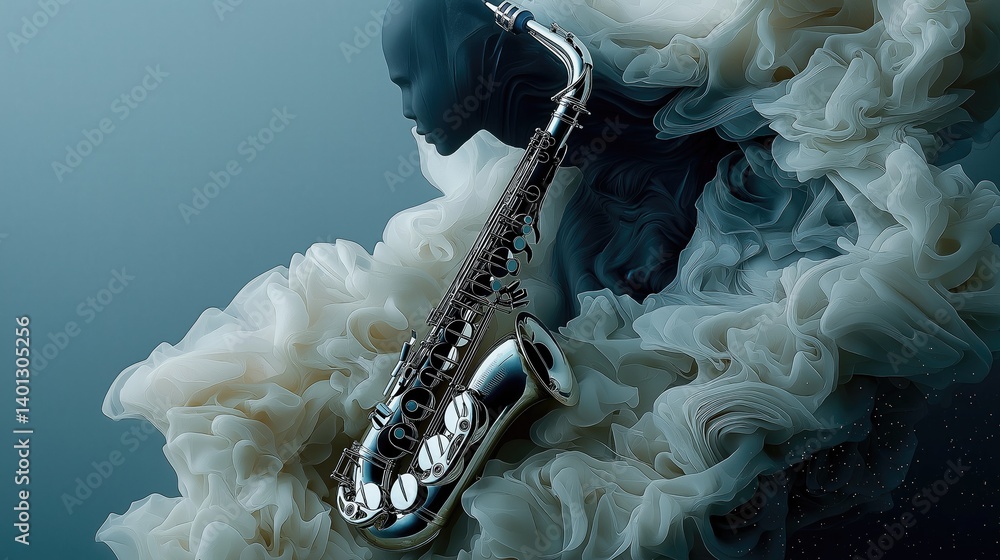 Abstract jazz art featuring a saxophone and veiled figure. A stylish, modern, and elegant image with a musical instrument set against a backdrop of swirling, ethereal fabrics.