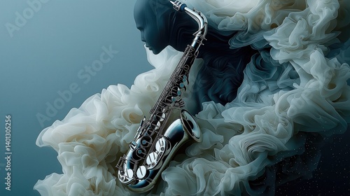 Obraz na płótnie Abstract jazz art featuring a saxophone and veiled figure. A stylish, modern, and elegant image with a musical instrument set against a backdrop of swirling, ethereal fabrics. w salonie