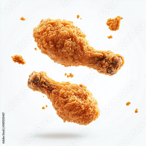  Fried and crispy chicken legs on white background