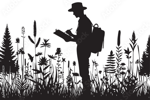 Botanist Silhouette Illustration Studying Plants in Natural Environment