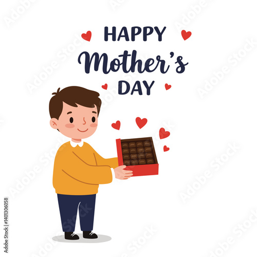 Happy child giving chocolate gift for Mothers Day in flat vector art