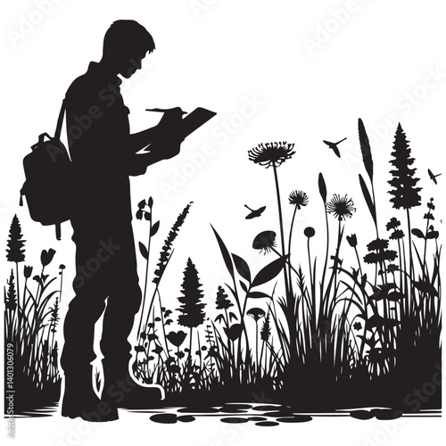 Botanist naturalist field researcher silhouette taking notes on nature