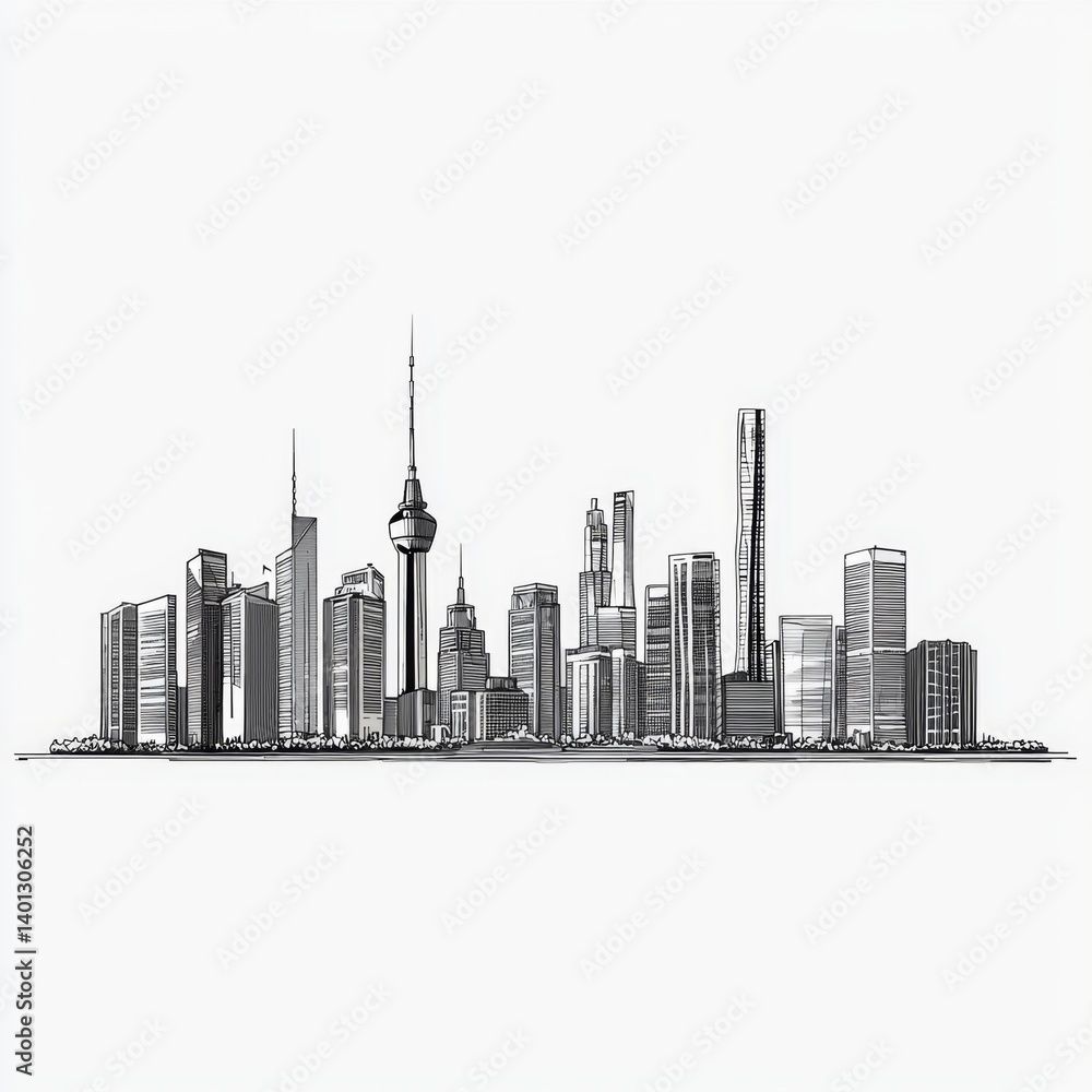 Naklejka premium Black and White Sketch of Modern City Skyline with Distinctive Landmarks and Tall Buildings for Artistic Design Projects