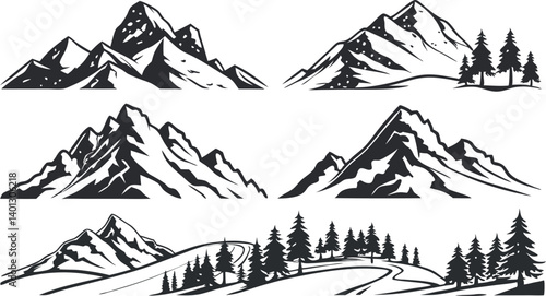 Mountain Silhouette Vector Set – Black and White Mountain Peak Illustrations on White Background