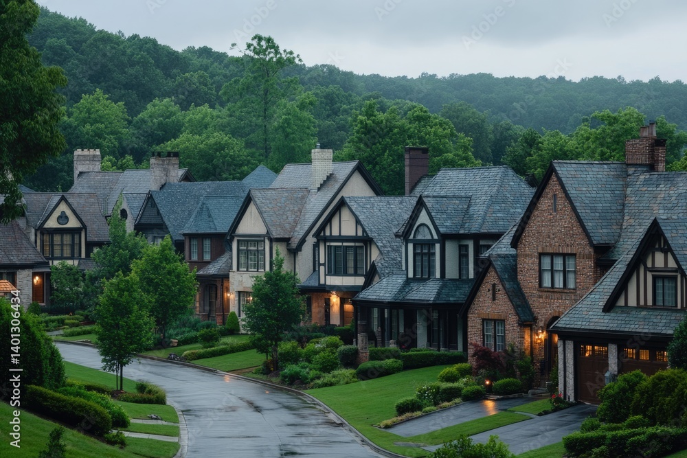 Naklejka premium Charming Tudor-style homes line a rain-swept street, nestled in a lush green hillside setting.