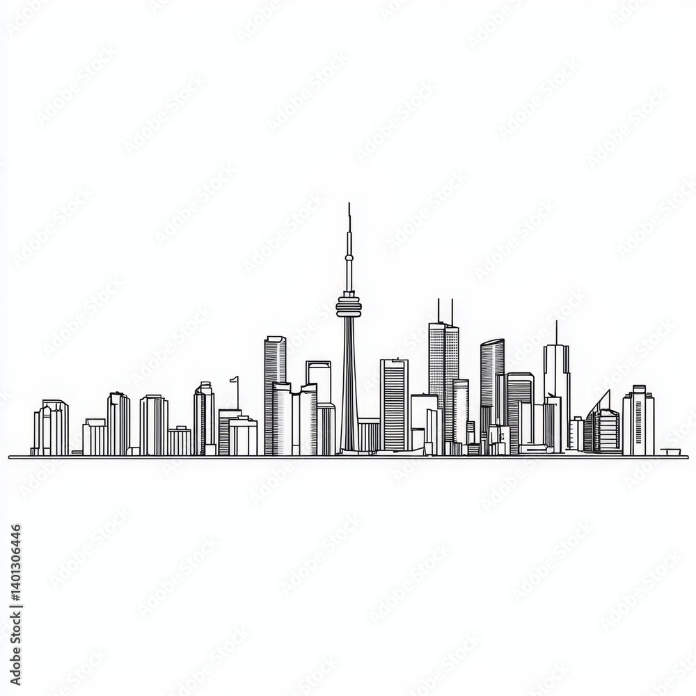 Fototapeta premium Minimalistic Line Art of Urban Skyline with Iconic Tower and Building Silhouette Across a Clean Background
