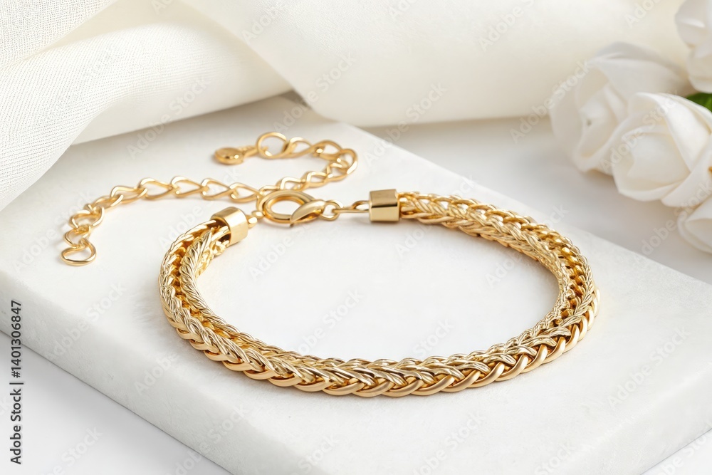 Elegant Braided Gold Bracelet on Display With Floral Backdrop Generative AI Elegant Braided Gold Bracelet on Display With Floral Backdrop Generative AI