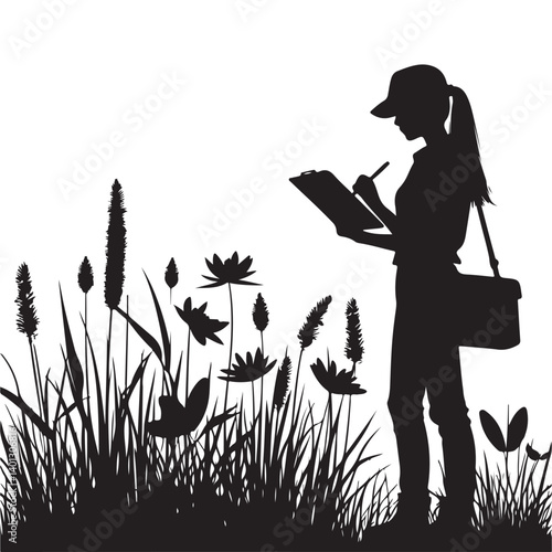 Silhouette Ecologist Studying Plants Taking Notes Vector Graphic