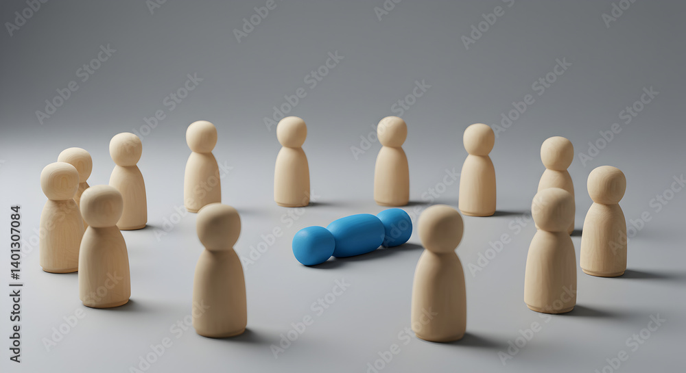 Wooden figures group leadership standing out fallen blue unique crowd individuality concept success Wooden figures group leadership standing out fallen blue unique crowd individuality concept success