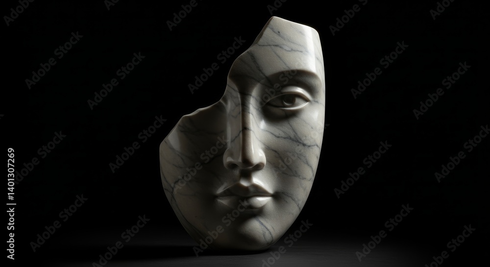 Serene Face Marble Sculpture: A Broken Mask - A fragmented marble sculpture depicting a serene female face, symbolizing resilience, vulnerability, incompleteness, inner peace, and hidden beauty Serene Face Marble Sculpture: A Broken Mask - A fragmented marble sculpture depicting a serene female face, symbolizing resilience, vulnerability, incompleteness, inner peace, and hidden beauty