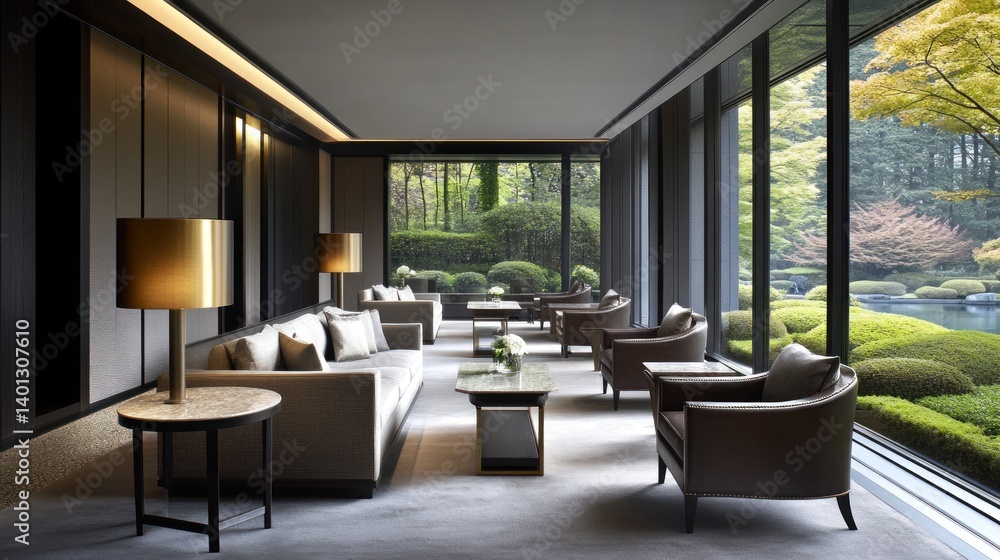 Fototapeta premium A luxurious modern lounge area overlooking a peaceful garden scene
