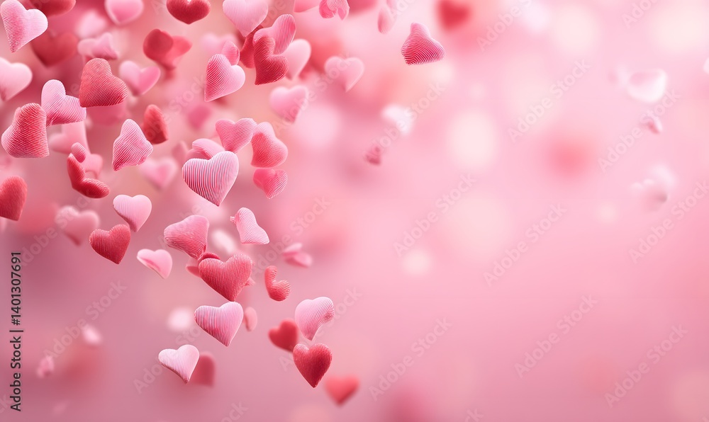 Scattered pink and red heart shaped confetti on a light pink background with bokeh lights effect Scattered pink and red heart shaped confetti on a light pink background with bokeh lights effect