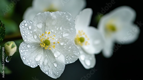 Close up of white flowers with water droplets on the petals in a soft focused garden setting view