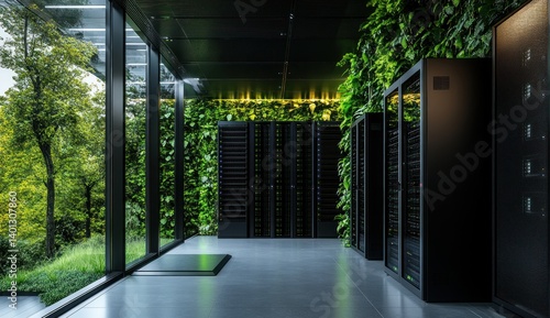 Eco-Friendly Data Center: Servers Amidst Lush Greenery