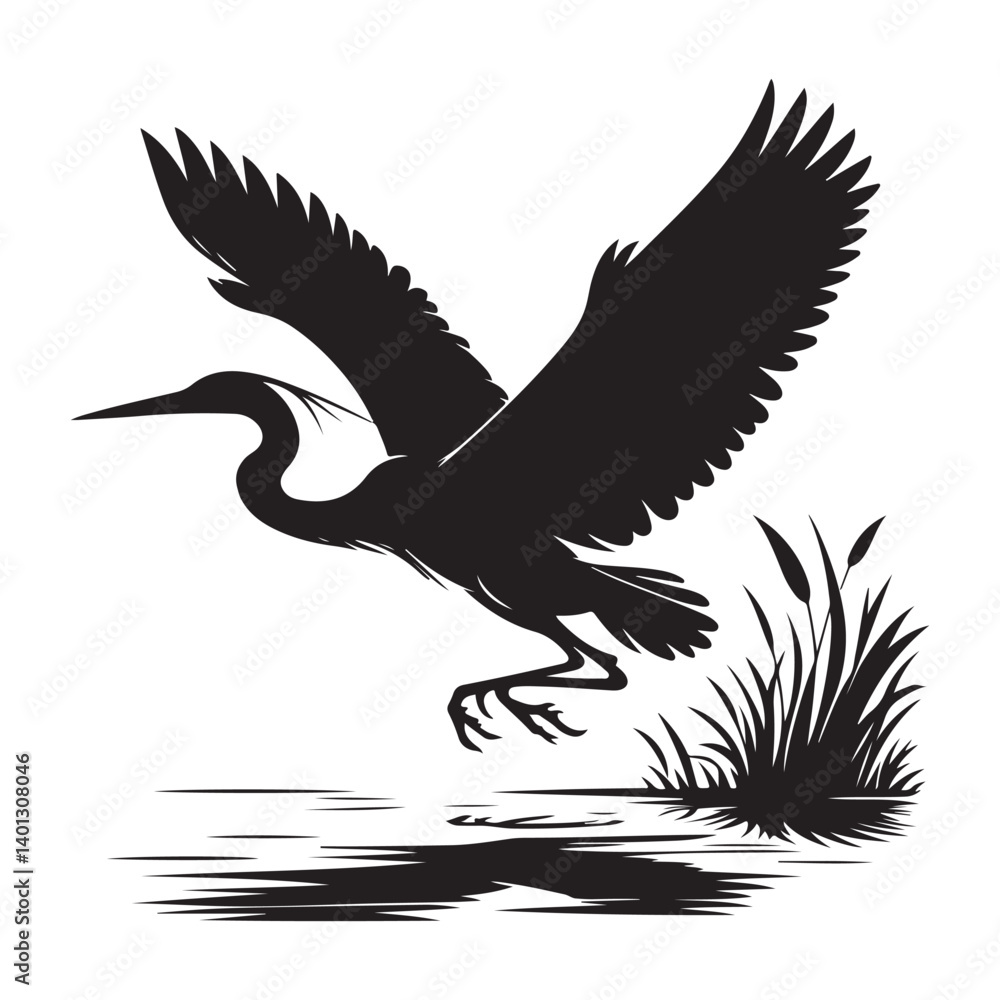 Obraz premium Silhouette Heron Taking Flight from Water Vector Illustration Art