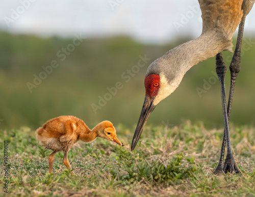 Sandhill crane feeding her young colt