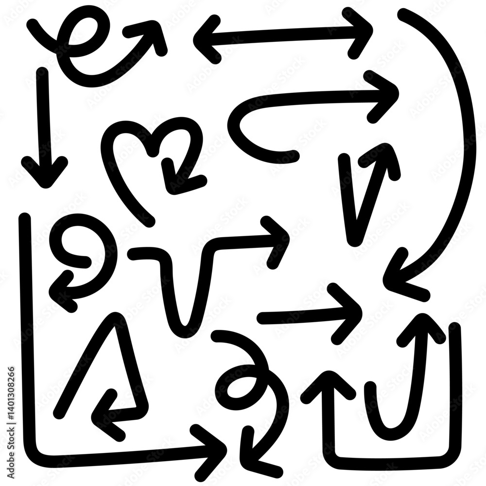 Hand drawn doodle arrows set illustration. Various hand drawn black doodle arrows with different shapes and directions on white background for creative design use. Hand drawn doodle arrows set illustration. Various hand drawn black doodle arrows with different shapes and directions on white background for creative design use.
