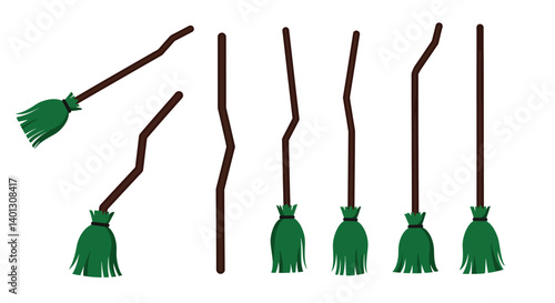 Brooms in various positions designed in flat vector art style showcasing movement and flexibility vector illustration