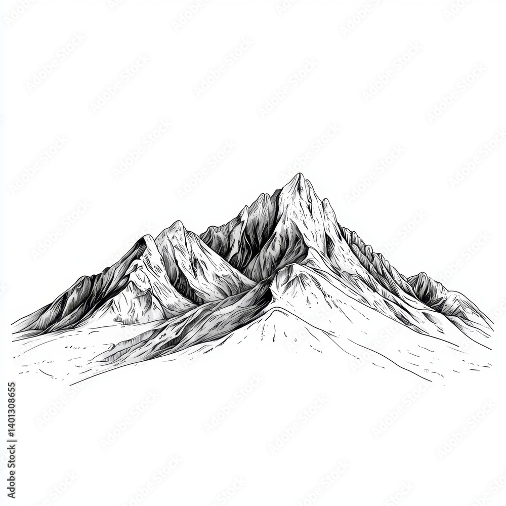 Black and White Outline Drawing of Majestic Mountain Range with Peaks and Slopes in a Minimalist Style Black and White Outline Drawing of Majestic Mountain Range with Peaks and Slopes in a Minimalist Style