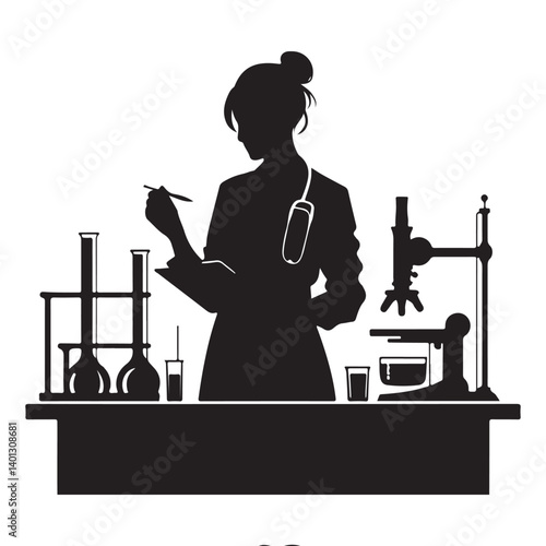 Silhouette illustration of a female scientist working in laboratory