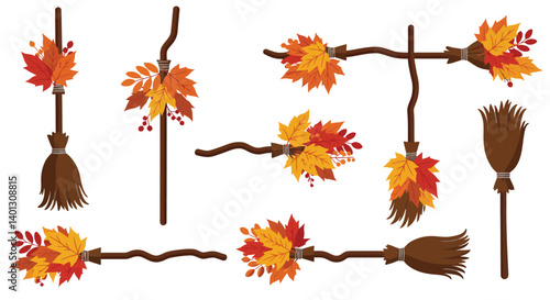 Broomsticks with Colorful Autumn Leaves in Flat Vector Art Style