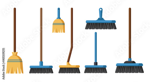 Various broom designs in flat style showcasing cleaning tools in vector art