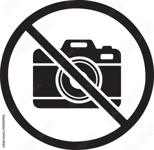 A black and white sign shows a camera with a line through it indicating no photography allowed This simple and direct image is ideal for signage and warnings