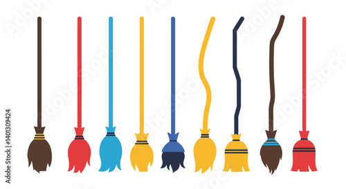 Colorful broomsticks in various shapes and sizes in flat vector art