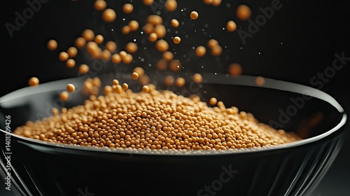 A close-up photograph of a black bowl filled with golden mustard seeds, with some seeds falling into the bowl. The image represents the abundance of nature's bounty, the joy of cooking, the ...