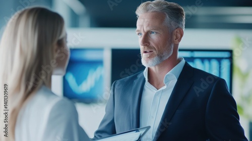 Business strategy meeting between executive and analyst, discussing data and market trends in the modern office environment