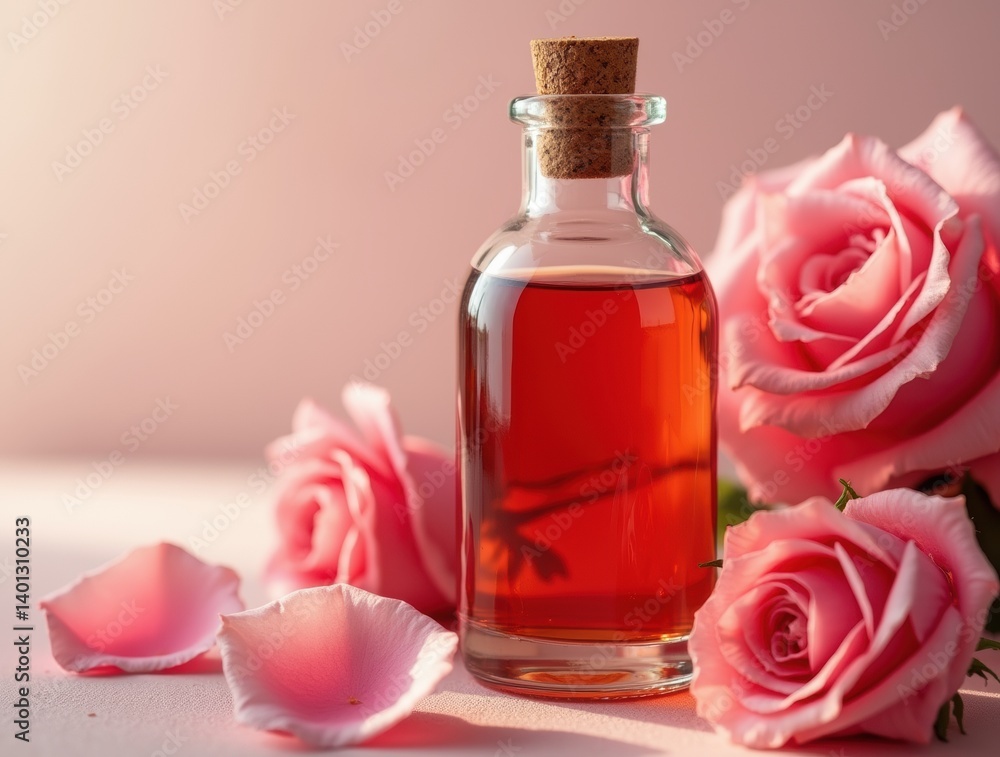 A close-up of a glass bottle of rose oil with delicate rose petals scattered around it A close-up of a glass bottle of rose oil with delicate rose petals scattered around it