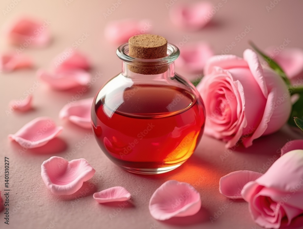 A close-up of a glass bottle of rose oil with delicate rose petals scattered around it A close-up of a glass bottle of rose oil with delicate rose petals scattered around it