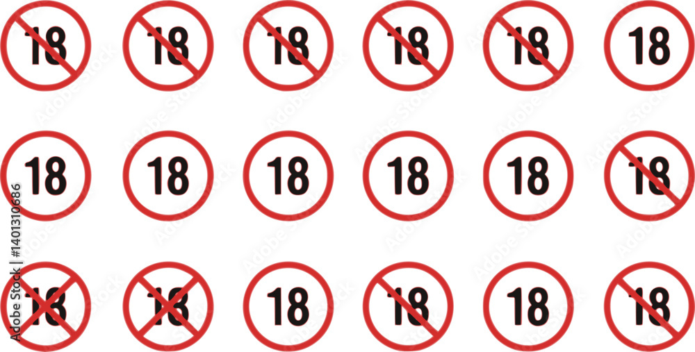 set of 8 plus vector icons set. Different style icons set. Number eighteen in red crossed circle. 18 plus icon page symbol for your web site design. Adult symbol trendy flat style. Vector illustration set of 8 plus vector icons set. Different style icons set. Number eighteen in red crossed circle. 18 plus icon page symbol for your web site design. Adult symbol trendy flat style. Vector illustration