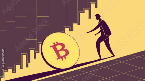 Man struggles pushing giant Bitcoin uphill symbolizing cryptocurrency market volatility and challenges Flat design minimalist style