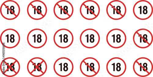 set of 8 plus vector icons set. Different style icons set. Number eighteen in red crossed circle. 18 plus icon page symbol for your web site design. Adult symbol trendy flat style. Vector illustration