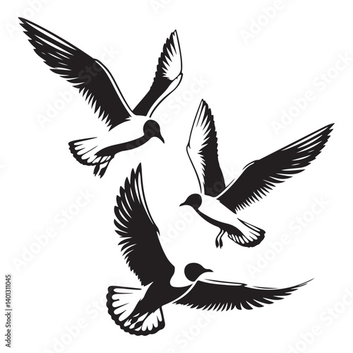 Silhouette illustration of seagulls in flight soaring freely