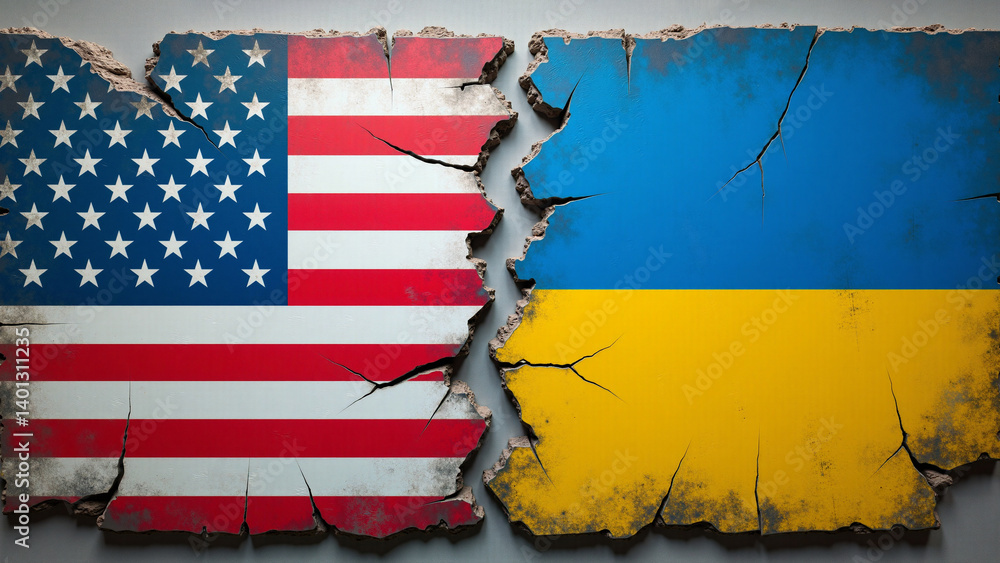 Crack on the wall of the building symbolizing the conflict of interests between the U.S. and Ukraine. AI generative.