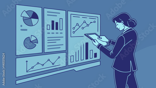 Analyzing key business data a focused businesswoman reviews growth charts and financial reports on a large digital display showcasing