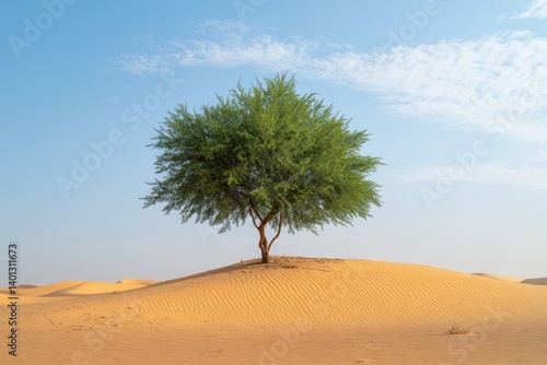 A drought-resistant Ghaf tree, scientifically known as Prosopis cineraria, thriving in the arid sand dunes of Ras Al Khaimah, UAE, standing as a symbol of resilience against desertification