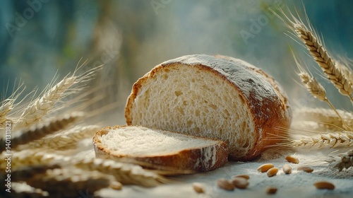 A freshly baked loaf of bread, sliced open to reveal the soft, fluffy interior. Wheat stalks and wheat grains symbolize the ingredients and wholesomeness of the ...