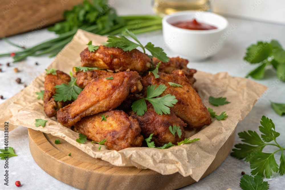 Crispy Chicken Wings Garnished With Fresh Herbs on Wooden Platter Generative AI Crispy Chicken Wings Garnished With Fresh Herbs on Wooden Platter Generative AI