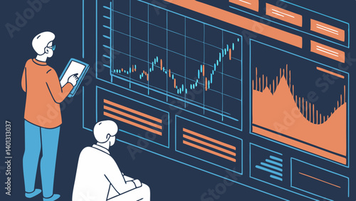 Two analysts reviewing financial data charts on a large screen strategic planning and market analysis insightful business decisions data
