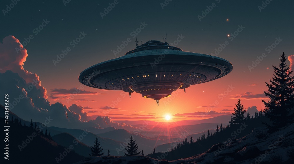 illustration of a dark UFO flying over a landscape illustration of a dark UFO flying over a landscape