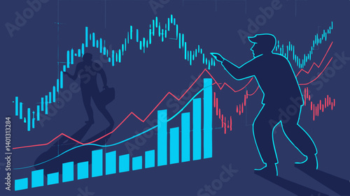 Businessman manipulating upward trending stock market graph boosting financial growth navigating economic challenges achieving success