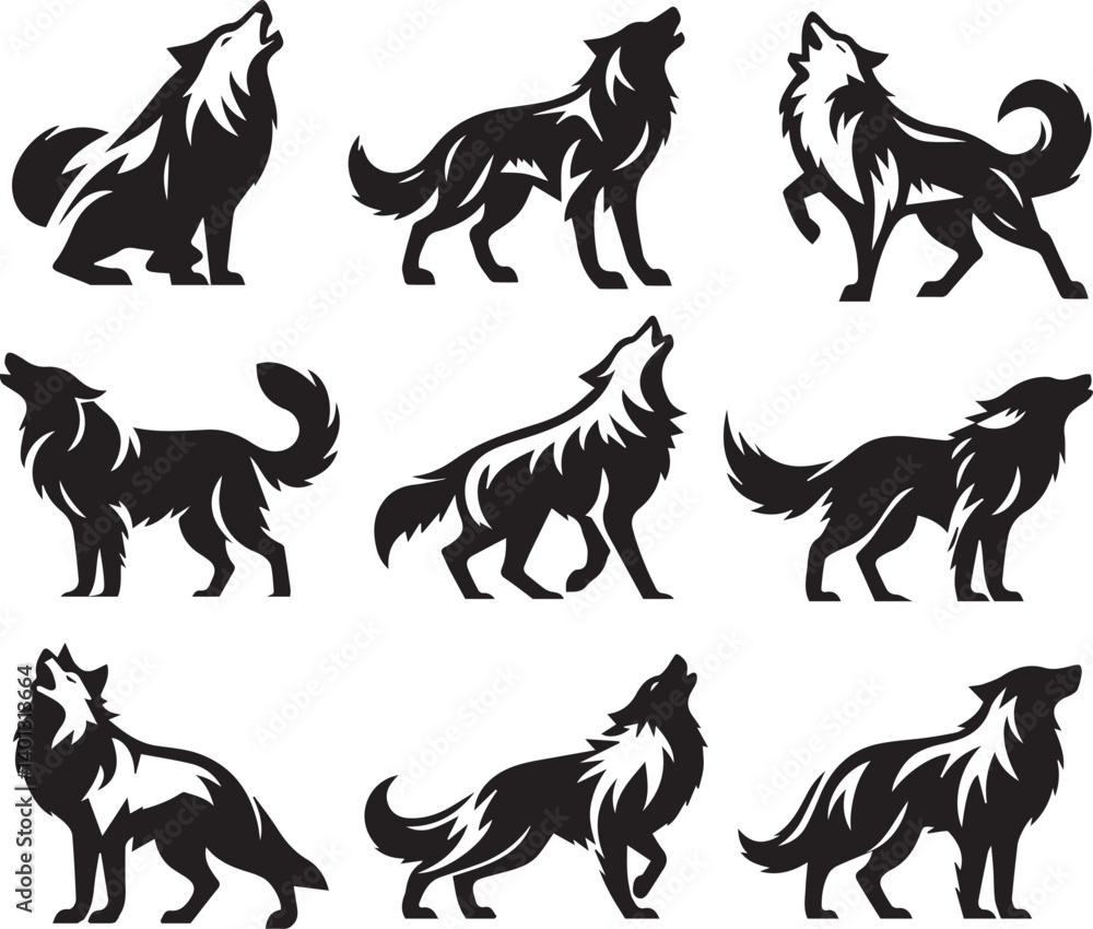 Fototapeta premium Set of wolf silhouette vector-bold black wild animal illustrations 