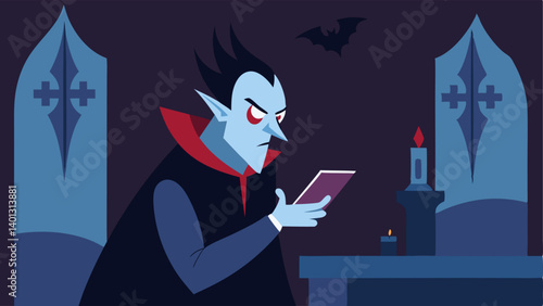Expression of Frustration A vampire frowns at their phone looking annoyed as they check the mirror. The background is filled with gothic décor and the mirror shows only the room