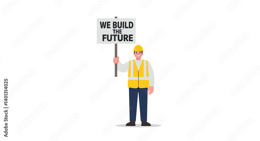 Construction worker holding a sign in flat vector art style celebrating future development vector illustration Construction worker holding a sign in flat vector art style celebrating future development vector illustration