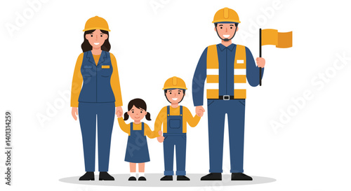 Family of Construction Workers in Flat Design Vector Art
